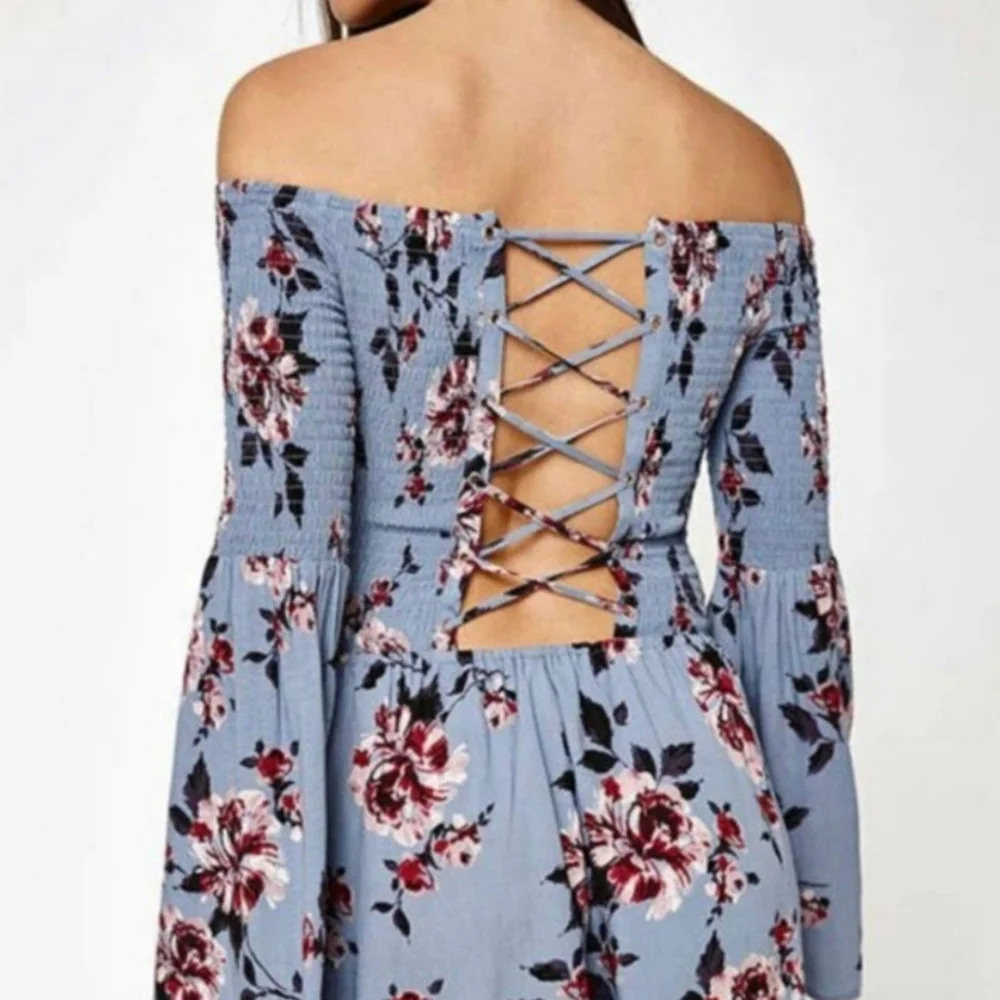 ◾️BLACK ◾️Kendall and Kylie Smocked, Floral,Off Shoulder, Bell Sleeve Romper - Picture 2 of 4